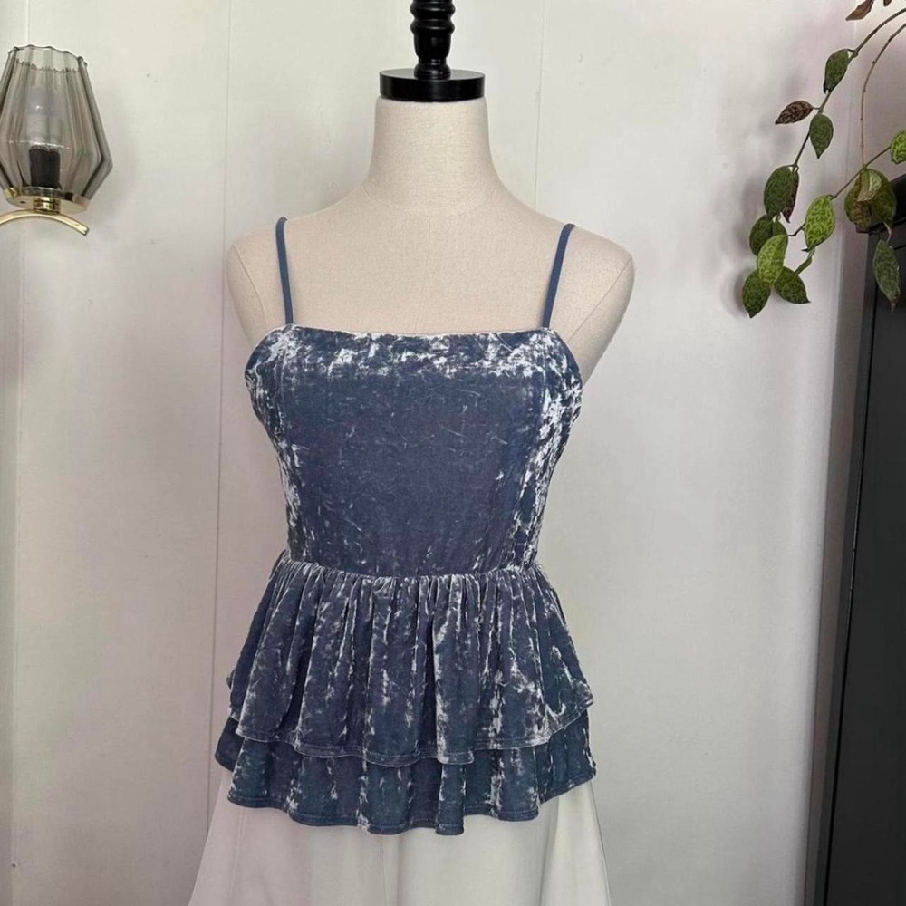 American Eagle Womens Blue Velvet Peplum Tank Top Ruffle Adjustable Straps M
